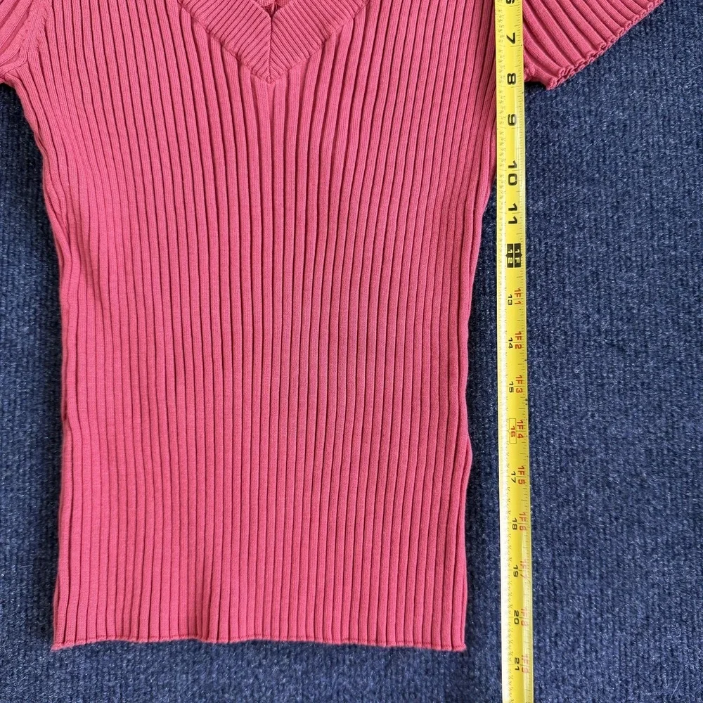 August Silk Sweater Womens Large Pink V Neck Lace Trim Ribbed Knit Short Sleeve - Picture 6 of 7